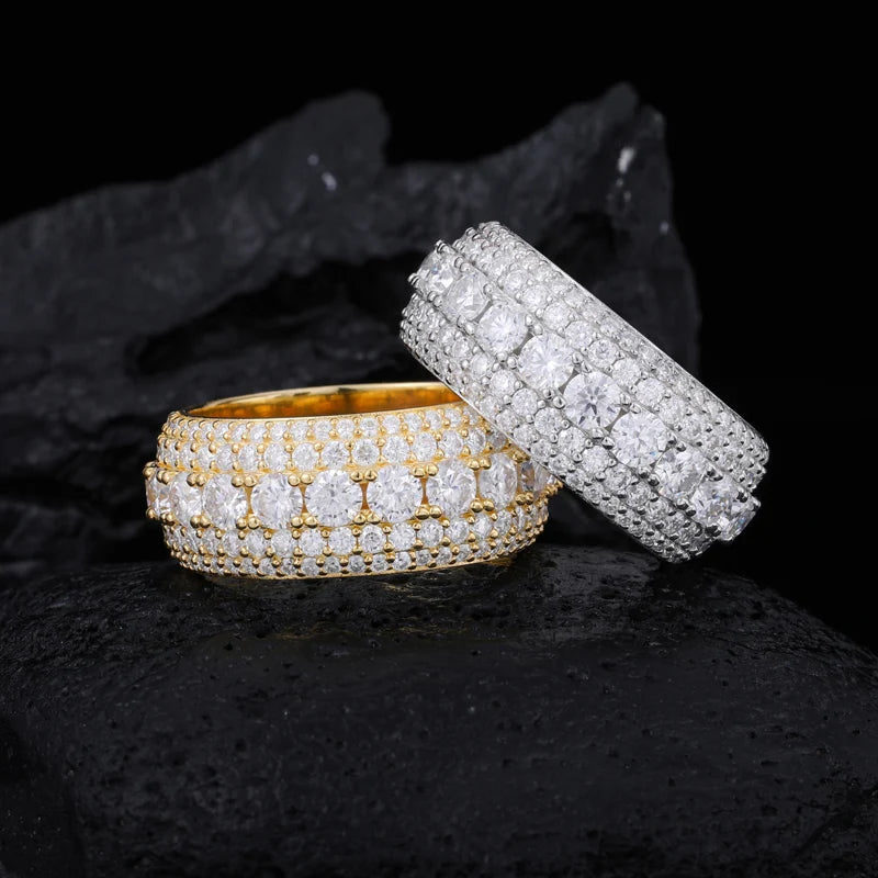 USA Warehouse Fashion Jewelry 5 Rows VVS Moissanite Diamond Bling Band Ring Gold Plate 925 Sterling Silver Wedding Ring for Men