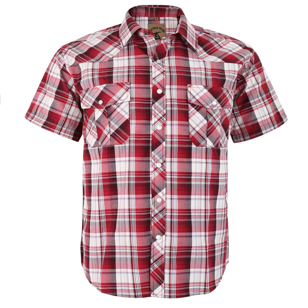 Men Pearl Snap Short Sleeve Western Cowboy Shirt Plaid Pattern with Buttons Two Front Pockets
