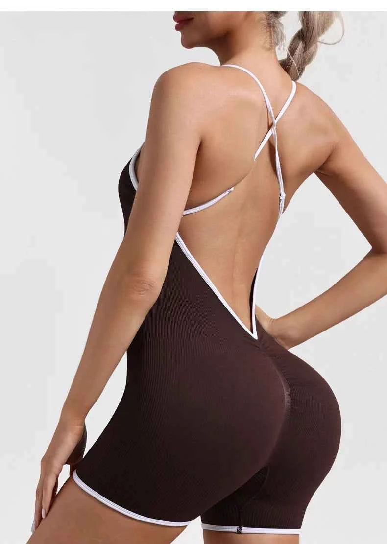 Women Seamless Quick-Drying Cross-Back Design Jumpsuit  Contrasting Color Straps One-Piece Shorts