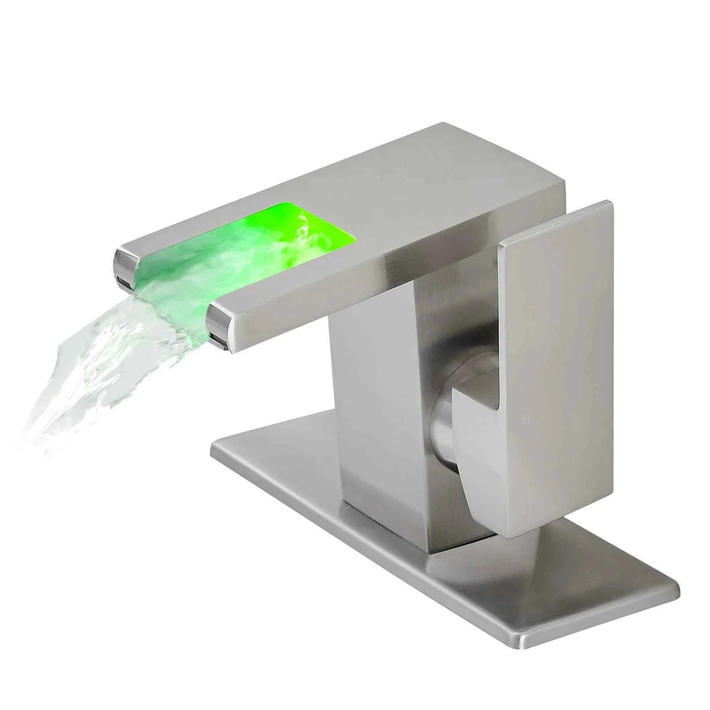 Modern LED 1-Hole Brushed Nickel Bathroom Faucet 304 Stainless Steel Waterfall Anti-Rust Lead-Free Basin Deck Plate Ceramic