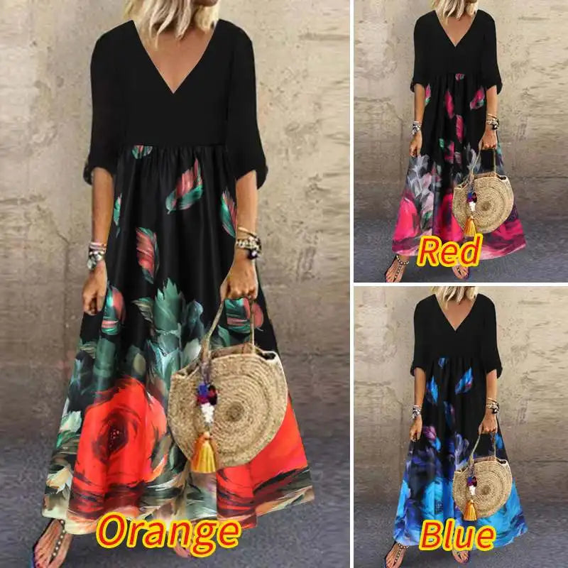 ZANZEA Summer Maxi Dress Women's Vintage Printed Sundress Casual Loose Short Sleeve Vestidos Vacation High Waist Robe Femme 2024