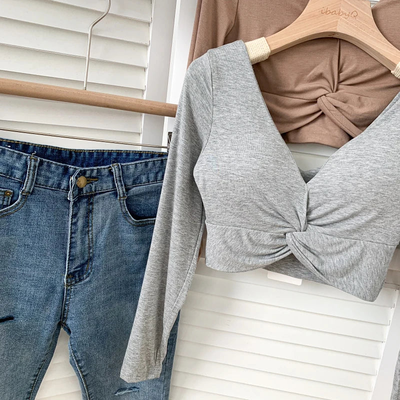 t shirt woman crop tops long sleeve kawaii T shirts built in bra women sexy top harajuku korean fashion