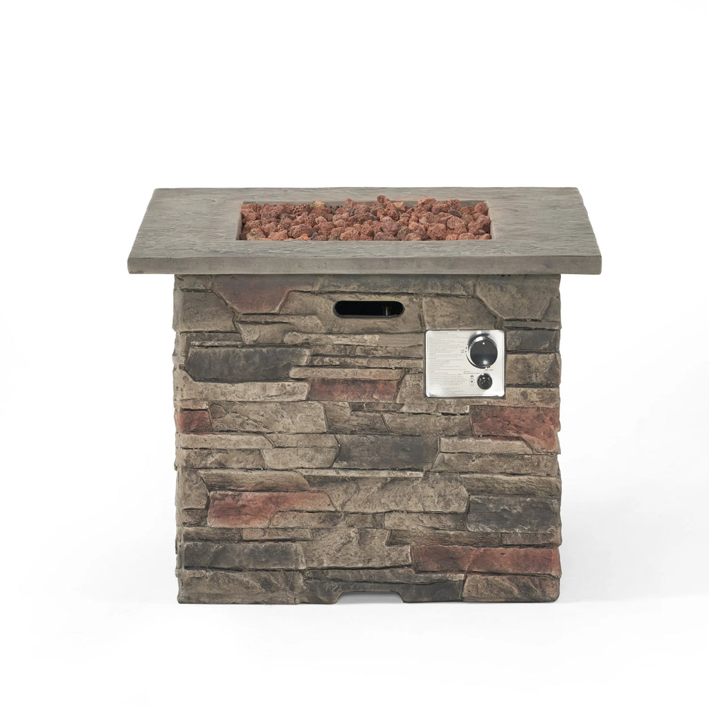 32'' STONE SQUARE MGO FIRE PIT W/ GREY TOP- 40,000 BTU for Outside Patio Deck Garden Backyard-Black