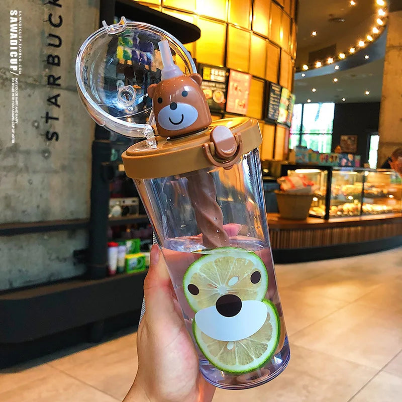 Water Bottle with Straw, Plastic Cartoon Mixing Cup, Creative Animal Design, Cute Cartoon, Girl Heart, Ins Photo Gift