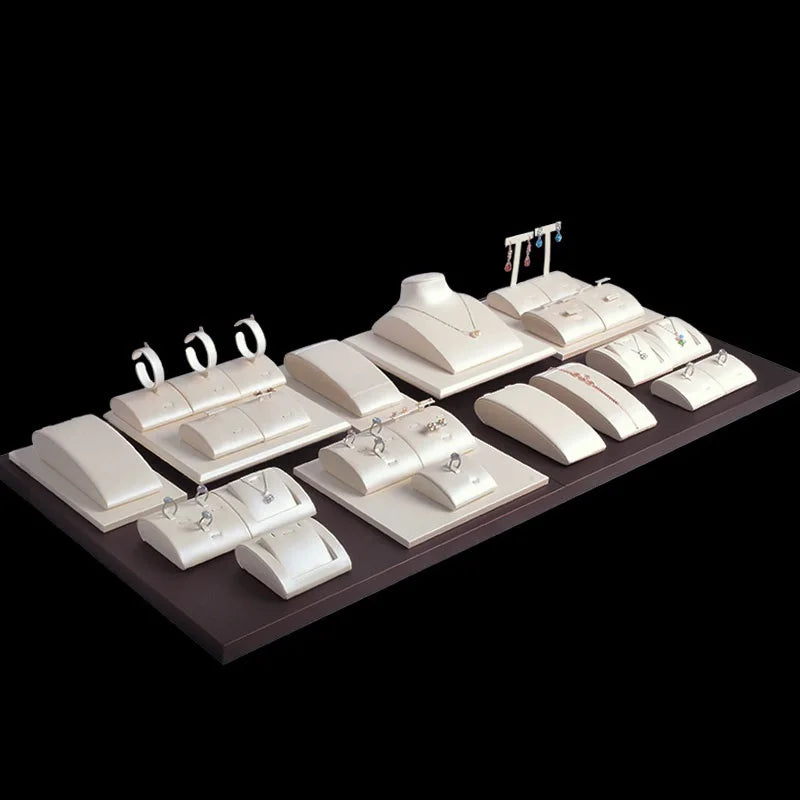 JINSKY Luxury White Leather Jewelry  Display Stand Set with Wood Inside Jewelry Display Stand Set Retail Display