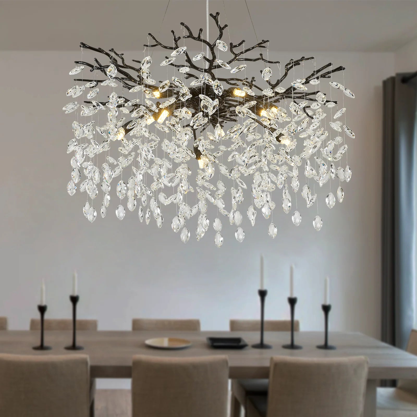 Modern Chandeliers for Dining Room Black Round Tree Branch Crystal Chandelier Adjustable Antique Vintage for Living Room Light