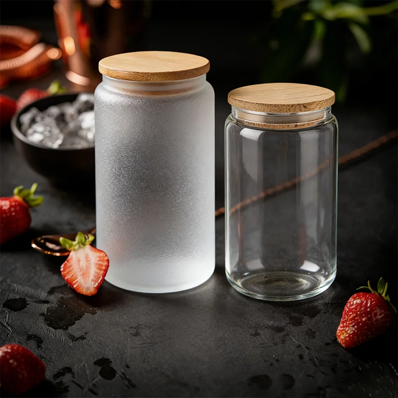 USA Warehouse 16oz 20oz Borosilicate Sublimation clear Frost High Grade Glass Cups Bottle Beer Can With Bamboo Lid and Straws