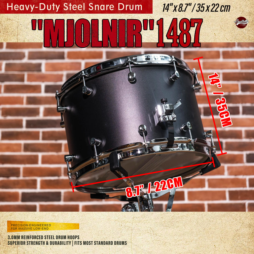 Beatello | Factory Direct | 14"x8.7" Heavy Steel Snare 3.0mm Reinforced Hoops | Rock/Metal Drum Kits | Pro Upgrade | Black