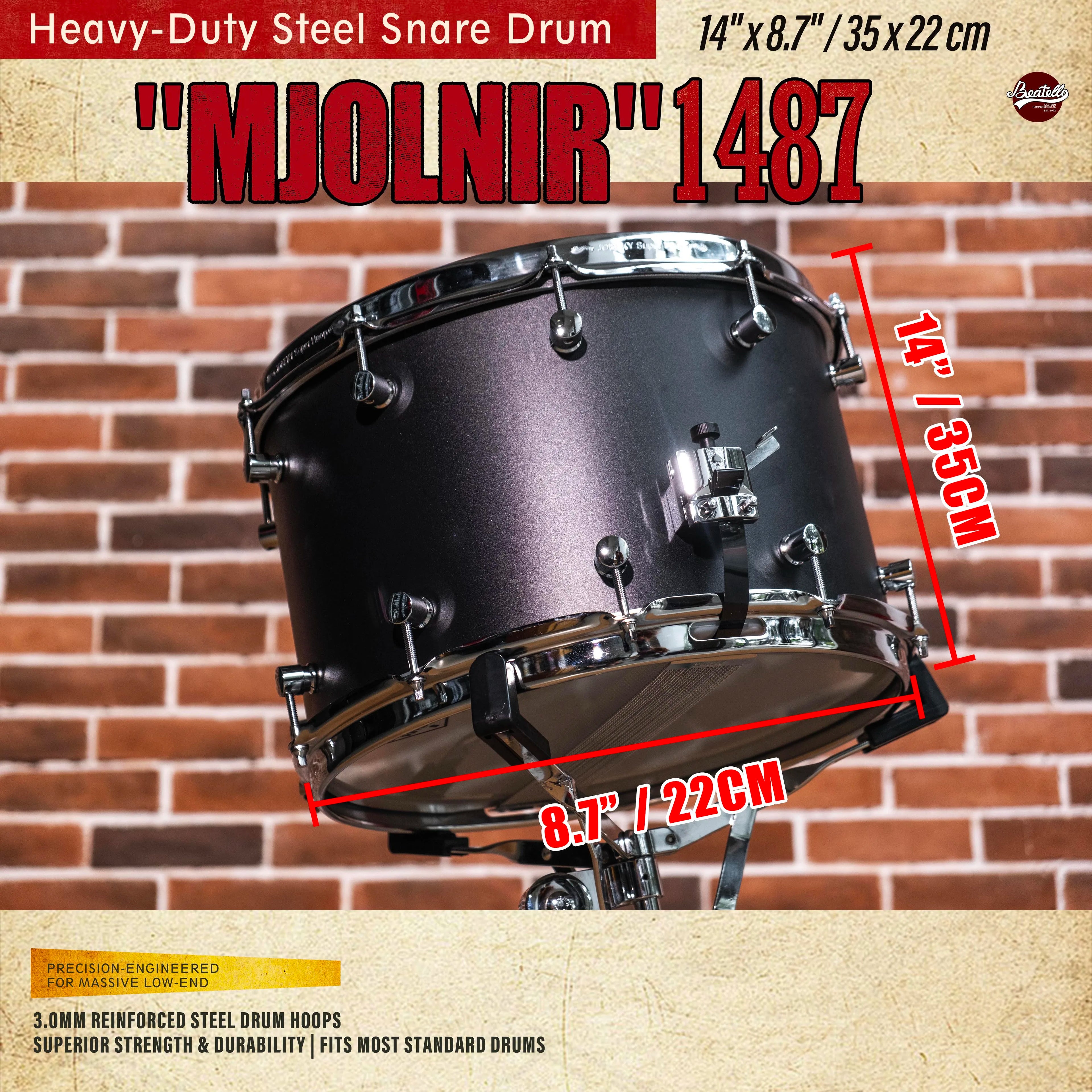 Beatello | Factory Direct | 14"x8.7" Heavy Steel Snare 3.0mm Reinforced Hoops | Rock/Metal Drum Kits | Pro Upgrade | Black