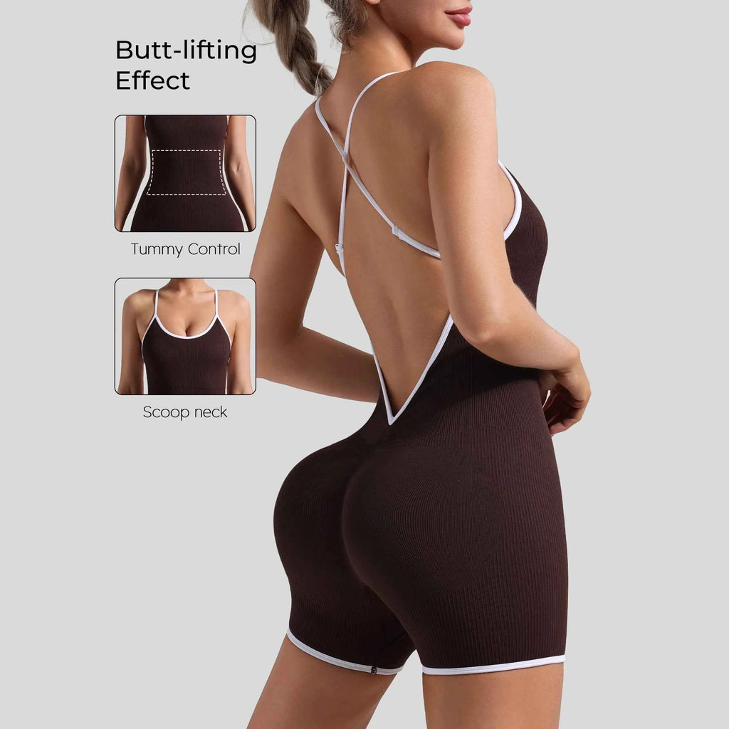 Women Seamless Quick-Drying Cross-Back Design Jumpsuit  Contrasting Color Straps One-Piece Shorts