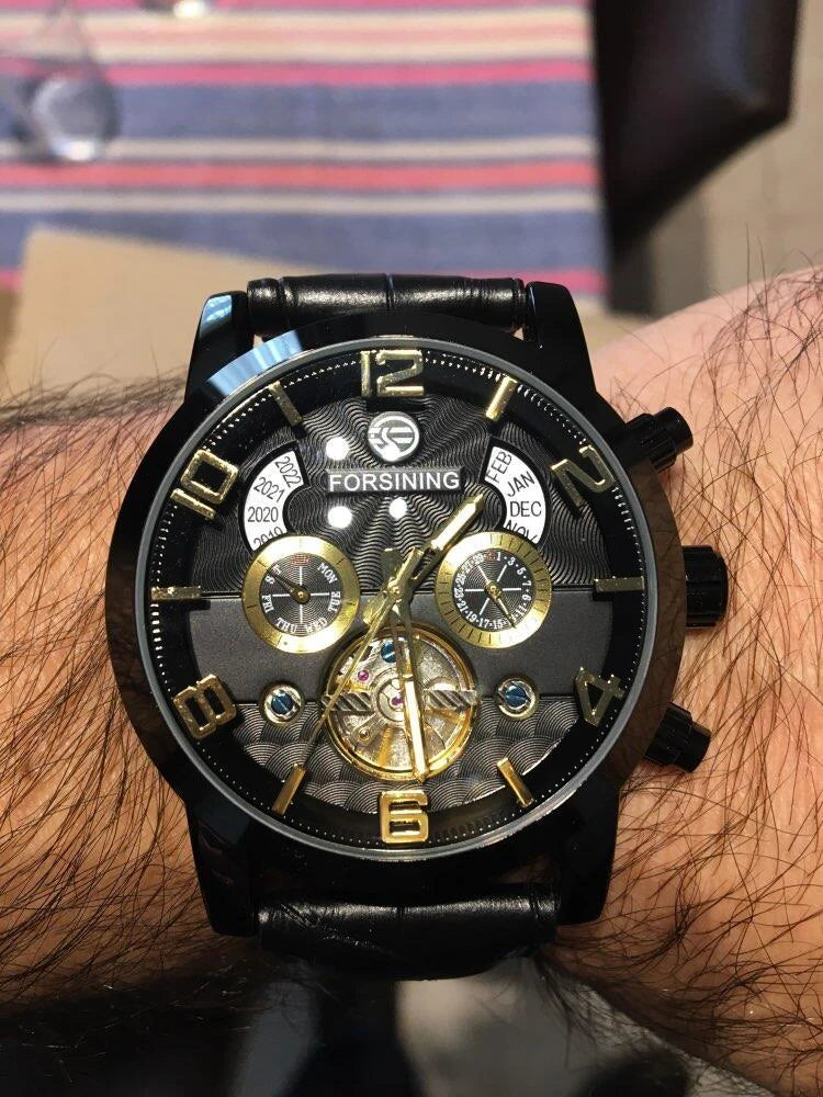 Forsining Top Brand Luxury Tourbillion Mens Automatic Mechanical Watches Fashion Wave Black Golden Clock Multi Function Display