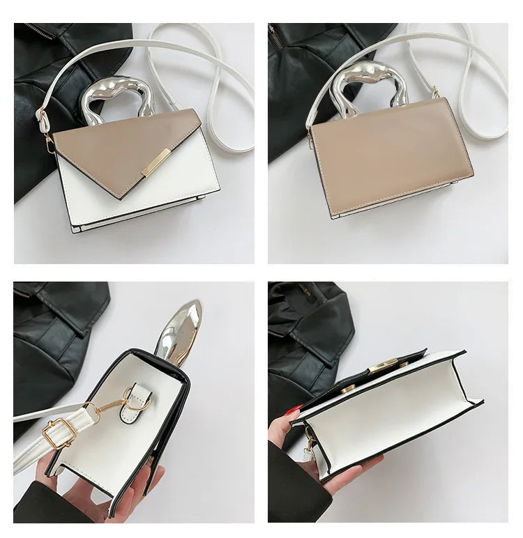 2025 Women's Casual Simple Metal Messenger Bag with Niche Handle Designer Contrasting Color Handbag