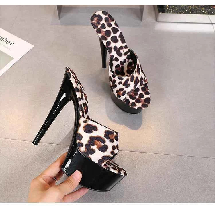 Voesnees Summer Slippers Women 2021 High Heels 15cm 17 CM Leopard Print Slip-On Platform Slides Sexy Catwalk Shoes Club Sandals