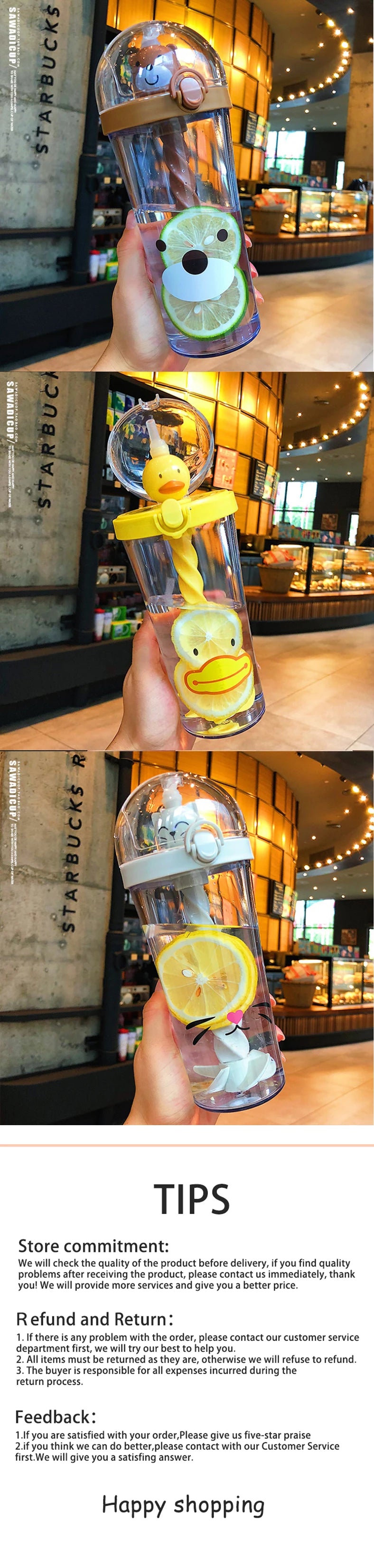 Water Bottle with Straw, Plastic Cartoon Mixing Cup, Creative Animal Design, Cute Cartoon, Girl Heart, Ins Photo Gift