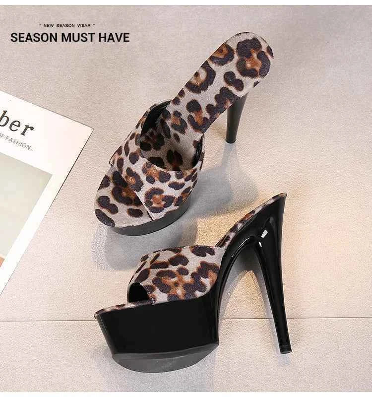 Voesnees Summer Slippers Women 2021 High Heels 15cm 17 CM Leopard Print Slip-On Platform Slides Sexy Catwalk Shoes Club Sandals