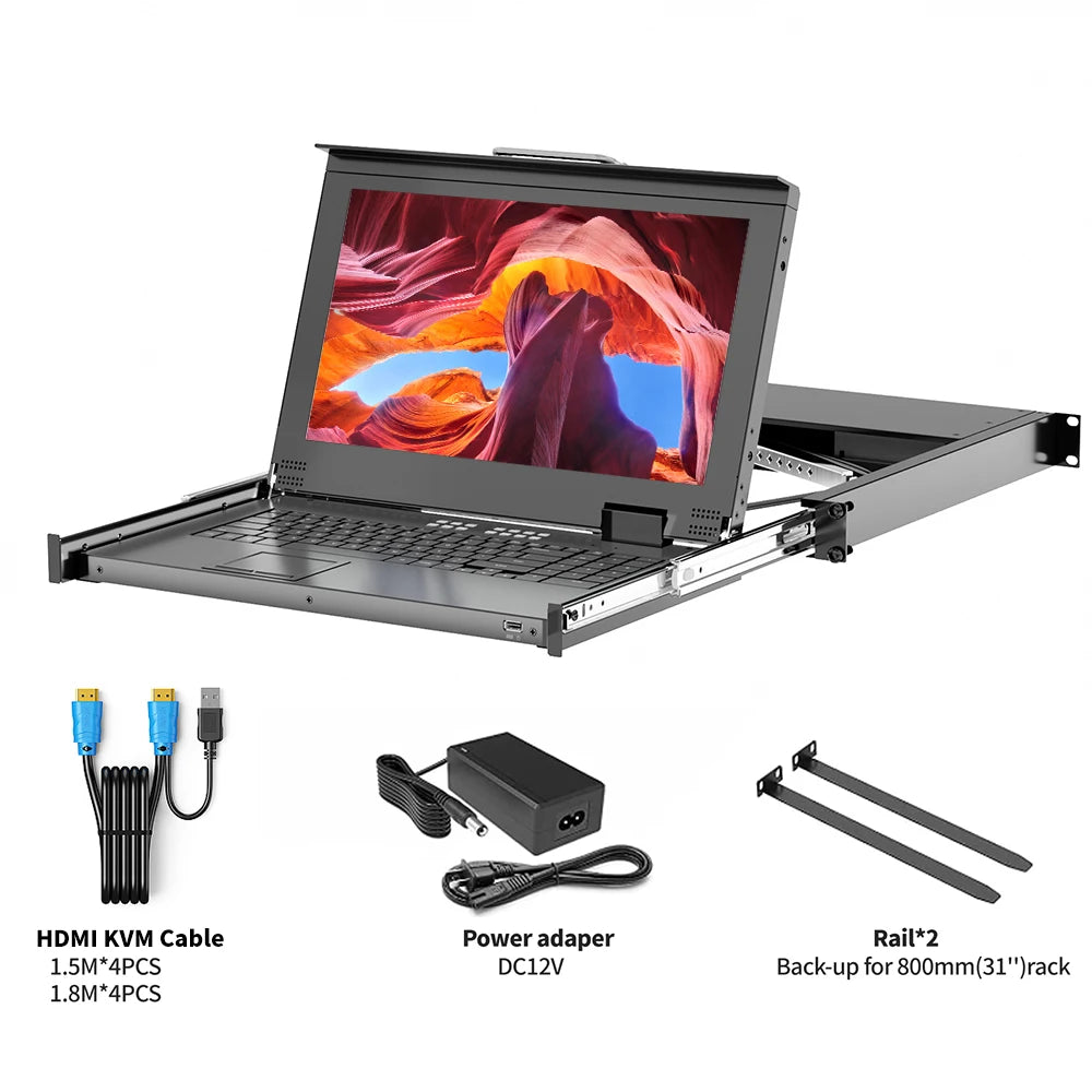 1U Rack Mount KVM Console Arvitek 15.6" LCD Monitor 8-Port for Cables Keyboard Touchpad Fits 23.6-31.5 Rack Depth Full HD