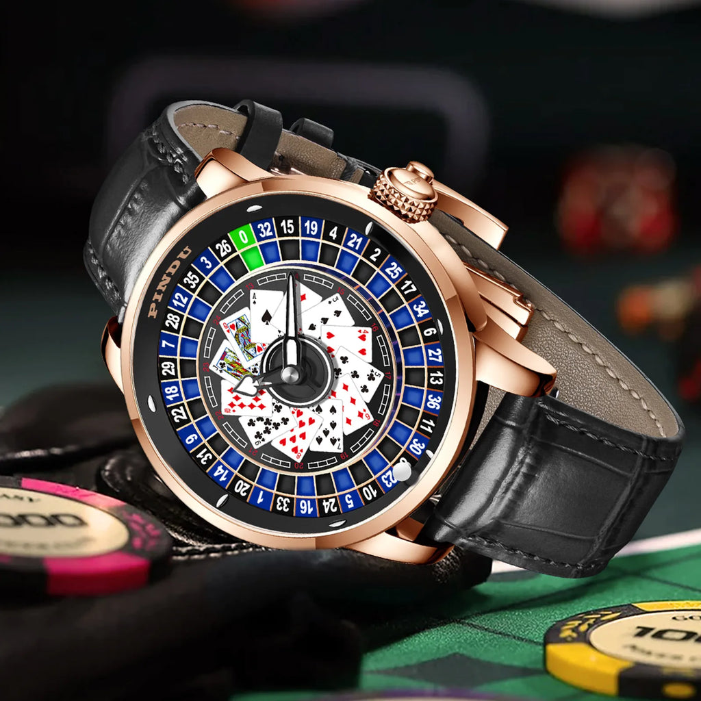 Jacob Player Series Poker Roulette Men's Watch Leather Strap Steel Case Automatic Luminous Mechanical 3ATM Water Analog