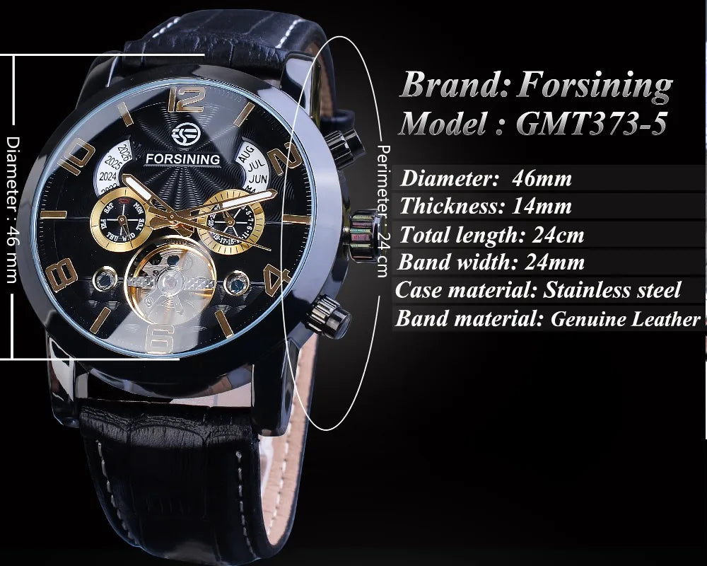 Forsining Top Brand Luxury Tourbillion Mens Automatic Mechanical Watches Fashion Wave Black Golden Clock Multi Function Display
