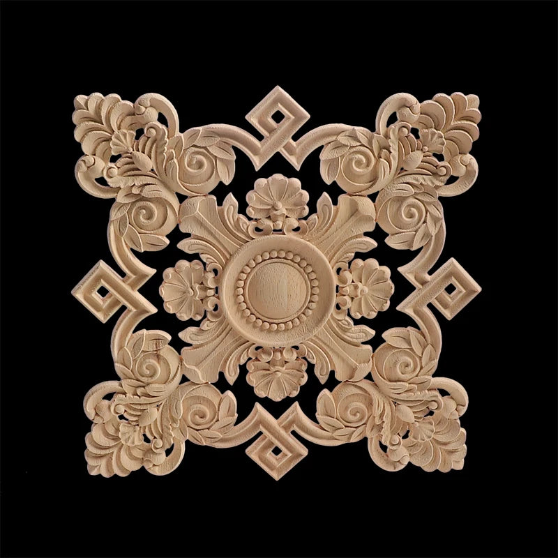 Decorative Wood Appliques Unique Exquisite Natural Floral Wooden Carved Onlay Decal Figurines Home Furniture Door Decor Square