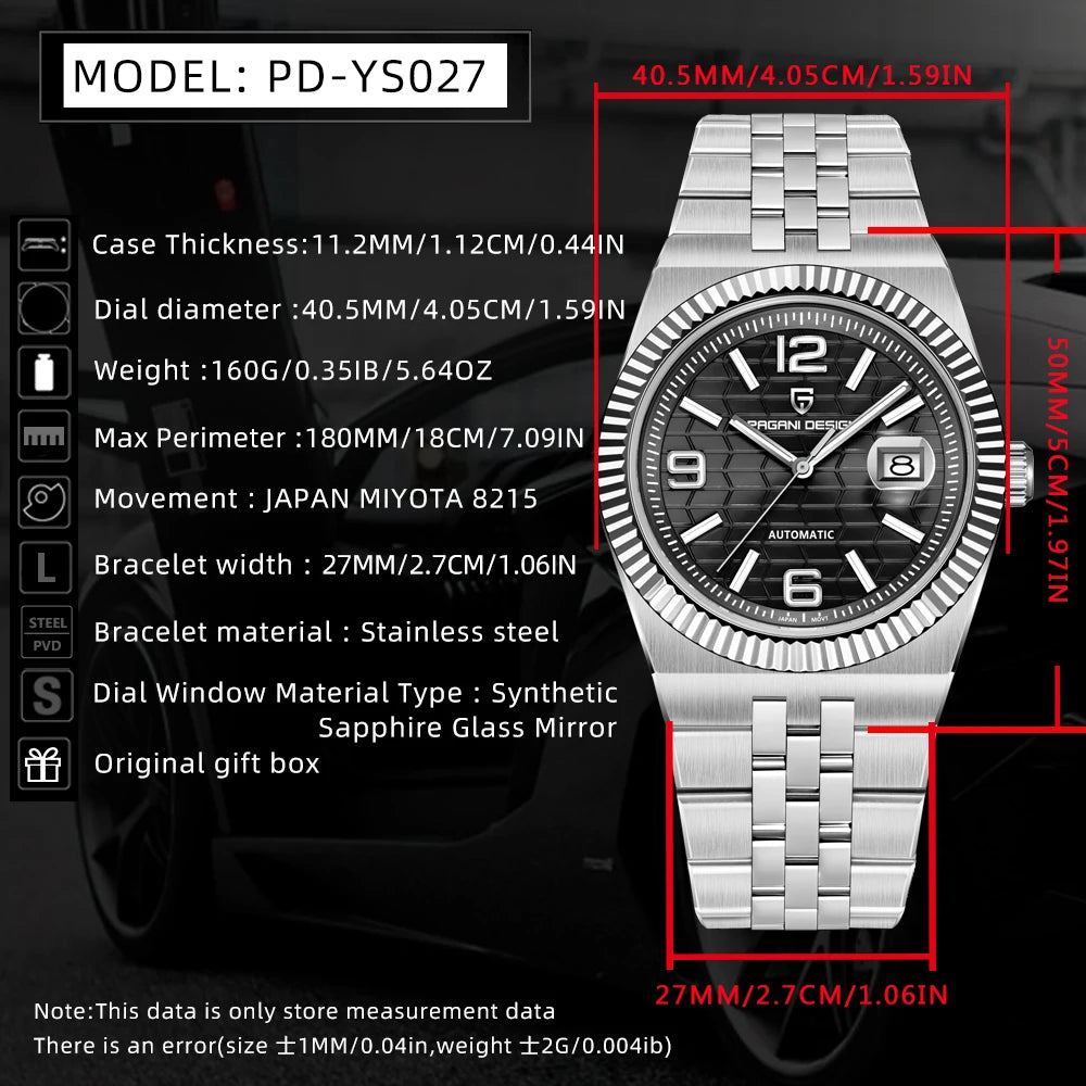 Pagani Design PD-YS027 Automatic Mechanical Stainless Steel Male Wristwatch Sapphire Glass Top Brand Luxury Men Watch Gift.