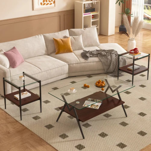 Living Room Set of 3 Piece New Shape Tempered Glass Coffee Table Side Table Set for Living Room Center Area