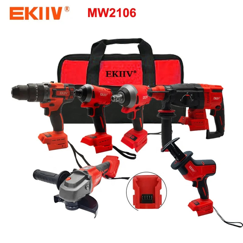 EKIIV Wholesale 6-in-1 Power Tools Combo Kit Multi-Function Drill Cordless Nail Gun Sander Customizable OEM Support