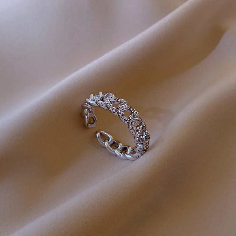 Simple Real 18K Gold Plated CZ Curb Chain Open Ring Adjustable Micro Cubic Zirconia Chain Link Ring