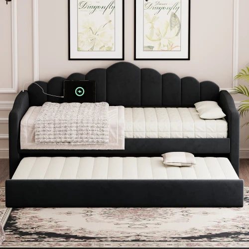 Modern Twin Size Velvet Upholstered Daybed Trundle USB Charging Ports Convertible Living Room Sofa Bed No Boxspring Needed Black
