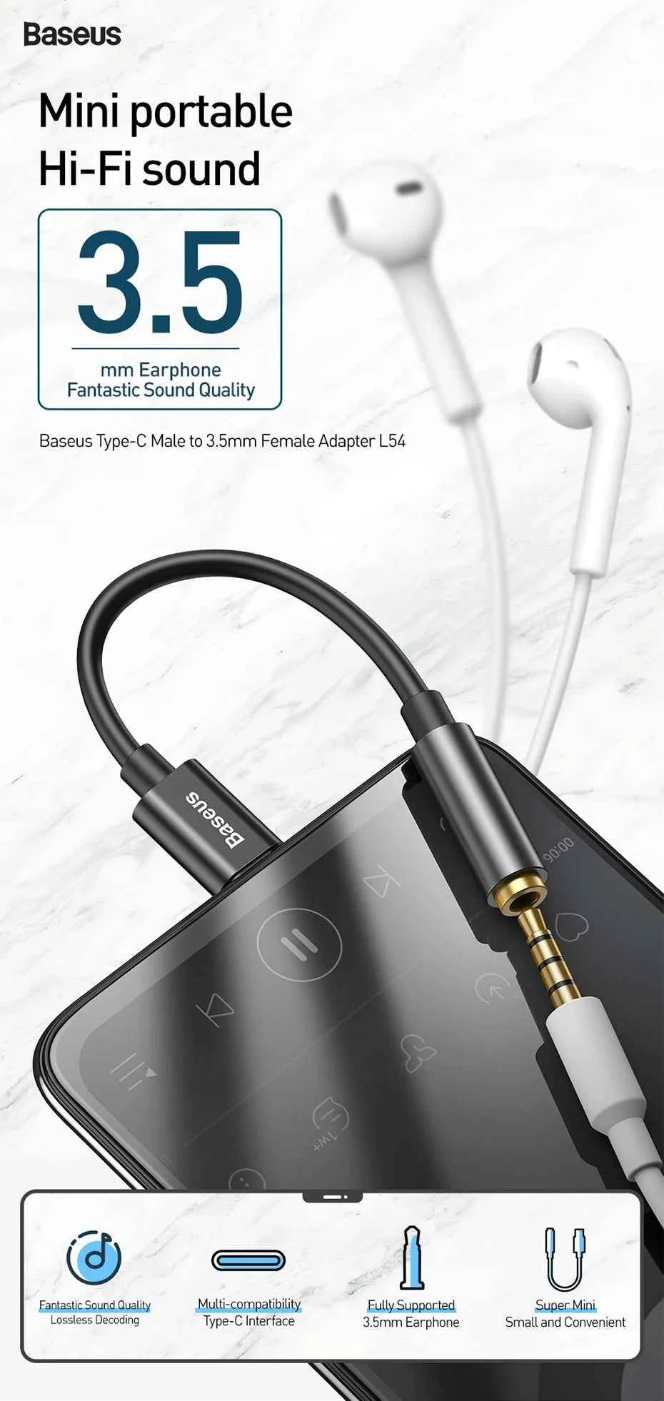 Baseus Type C to 3.5mm Aux Adapter Earphone USB C Cable Headphones Adapter 3.5 Jack Audio cable For Huawei P20 Xiaomi Mi 10