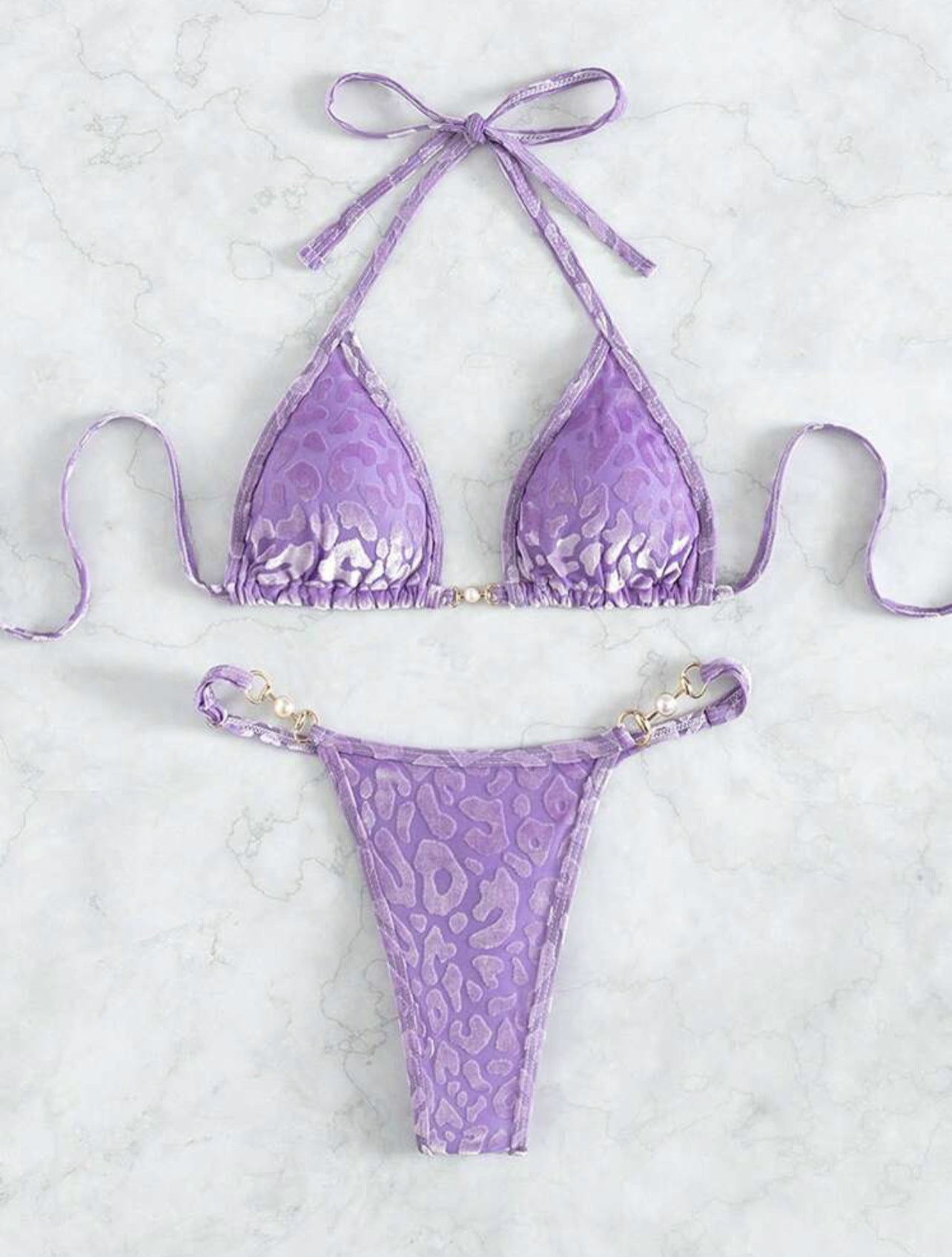2025 European and American New Sexy T-Shaped Pearl Leopard Print Special Fabric Swimsuit Bikini Bikini Cross-Border
