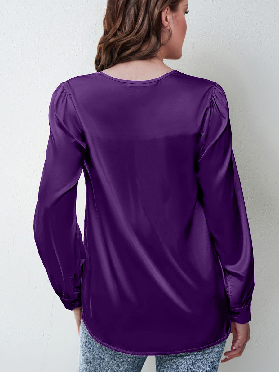 2026 Amazon Hot-Selling Women's Clothing Satin Pleated Long-Sleeve Top V-Neck Casual Loose Satin Commuter Shirt