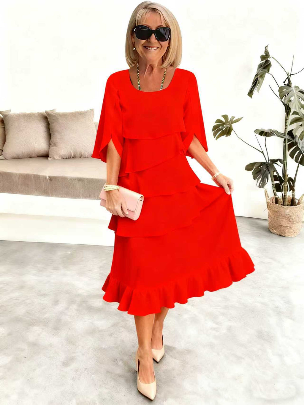 2025 New Amazon Foreign Trade Spring and Summer Fashion Cake Dress Women's Elegant Loose Slimming Round Neck Dress Women