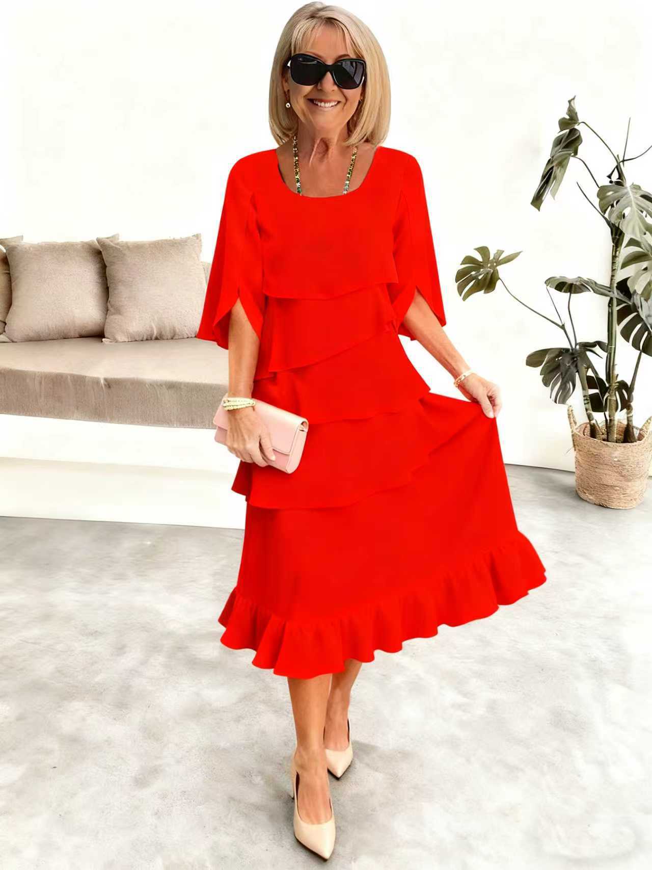 2025 New Amazon Foreign Trade Spring and Summer Fashion Cake Dress Women's Elegant Loose Slimming Round Neck Dress Women