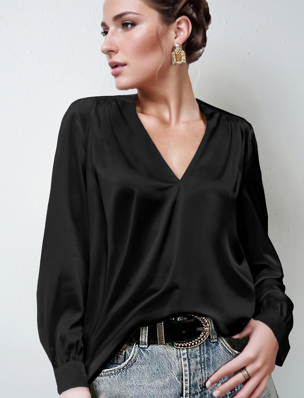 2026 Amazon Hot-Selling Women's Clothing Satin Pleated Long-Sleeve Top V-Neck Casual Loose Satin Commuter Shirt