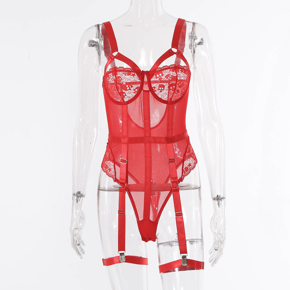 Pink Embroidery Floral Backless Sexy Mesh Sheer See Through One-piece Rompers Women Sexy Lingerie Slim Bodysuit Female Clubwear