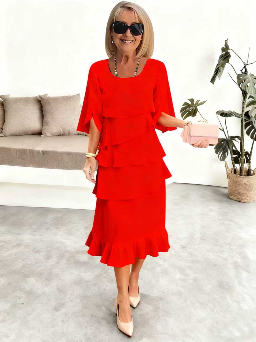 2025 New Amazon Foreign Trade Spring and Summer Fashion Cake Dress Women's Elegant Loose Slimming Round Neck Dress Women