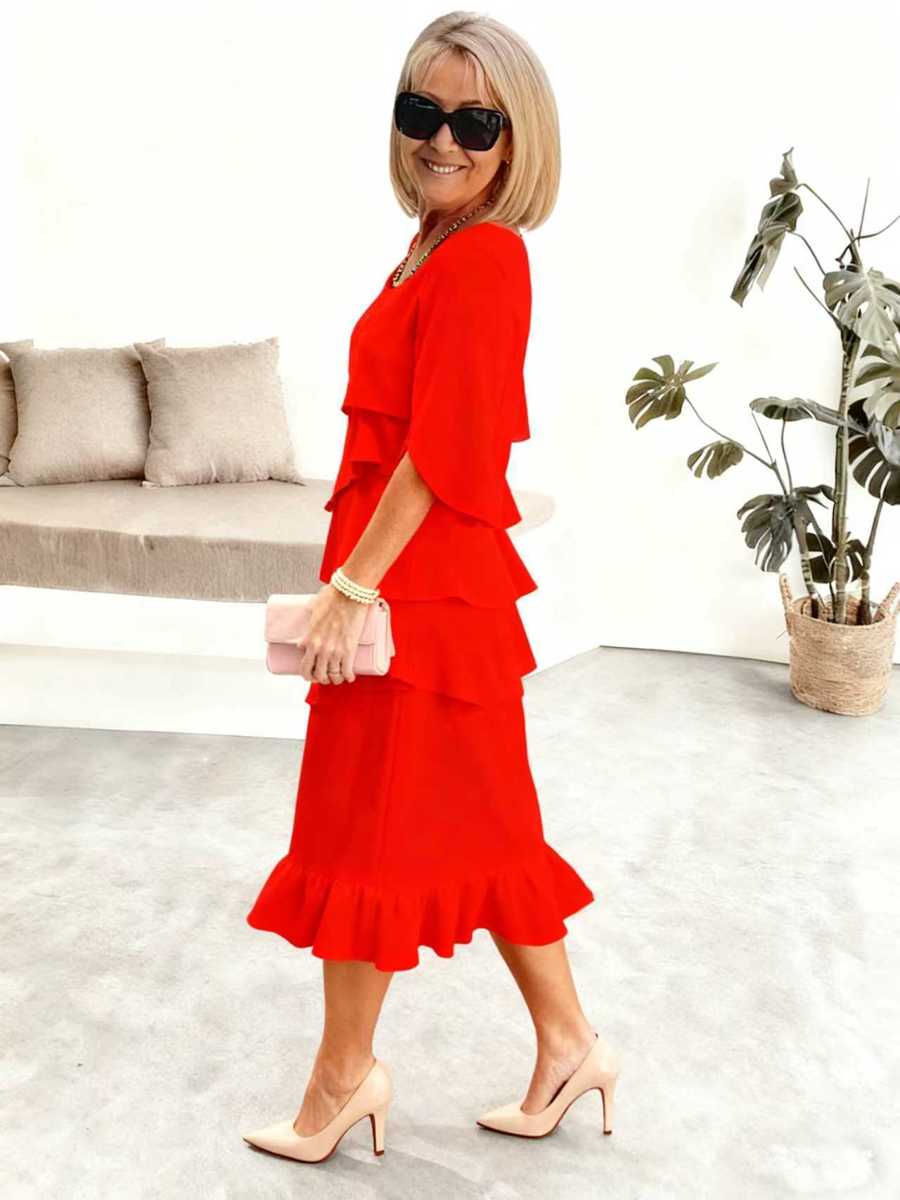 2025 New Amazon Foreign Trade Spring and Summer Fashion Cake Dress Women's Elegant Loose Slimming Round Neck Dress Women