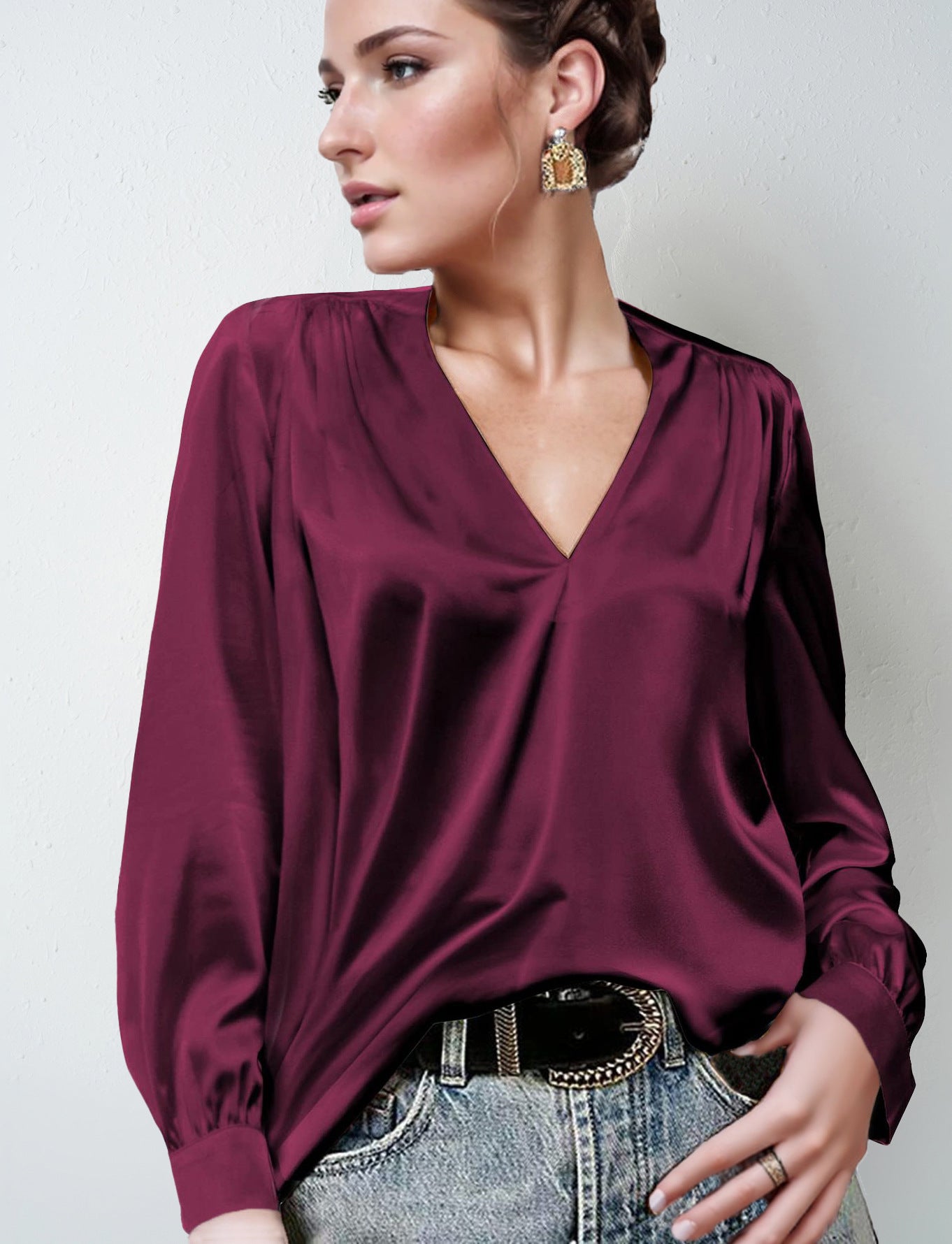 2026 Amazon Hot-Selling Women's Clothing Satin Pleated Long-Sleeve Top V-Neck Casual Loose Satin Commuter Shirt