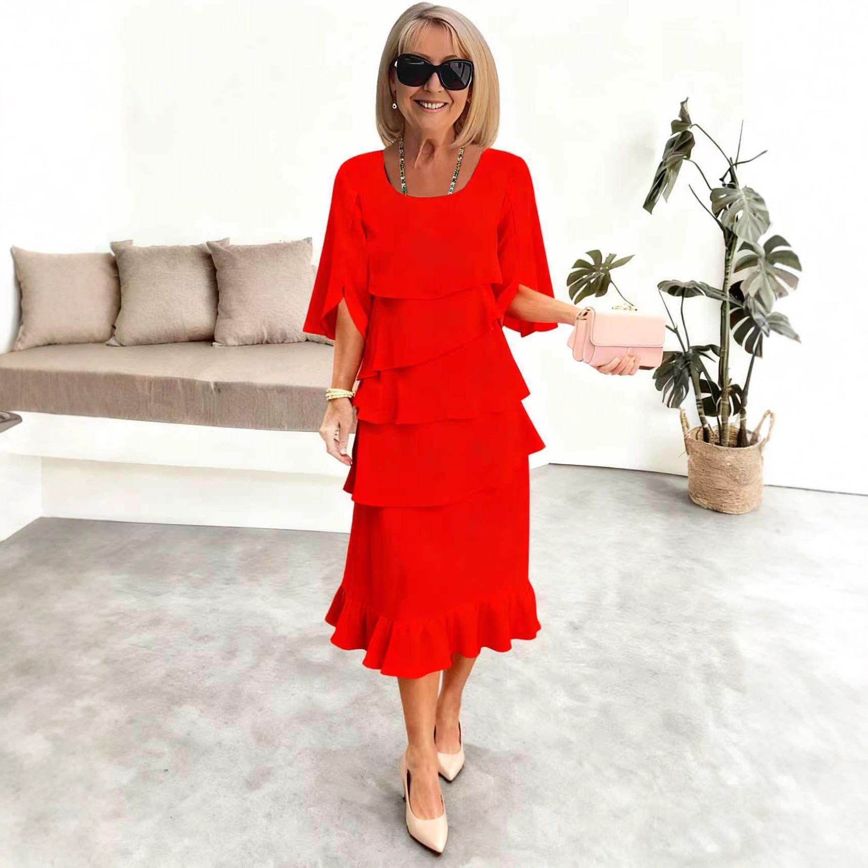 2025 New Amazon Foreign Trade Spring and Summer Fashion Cake Dress Women's Elegant Loose Slimming Round Neck Dress Women