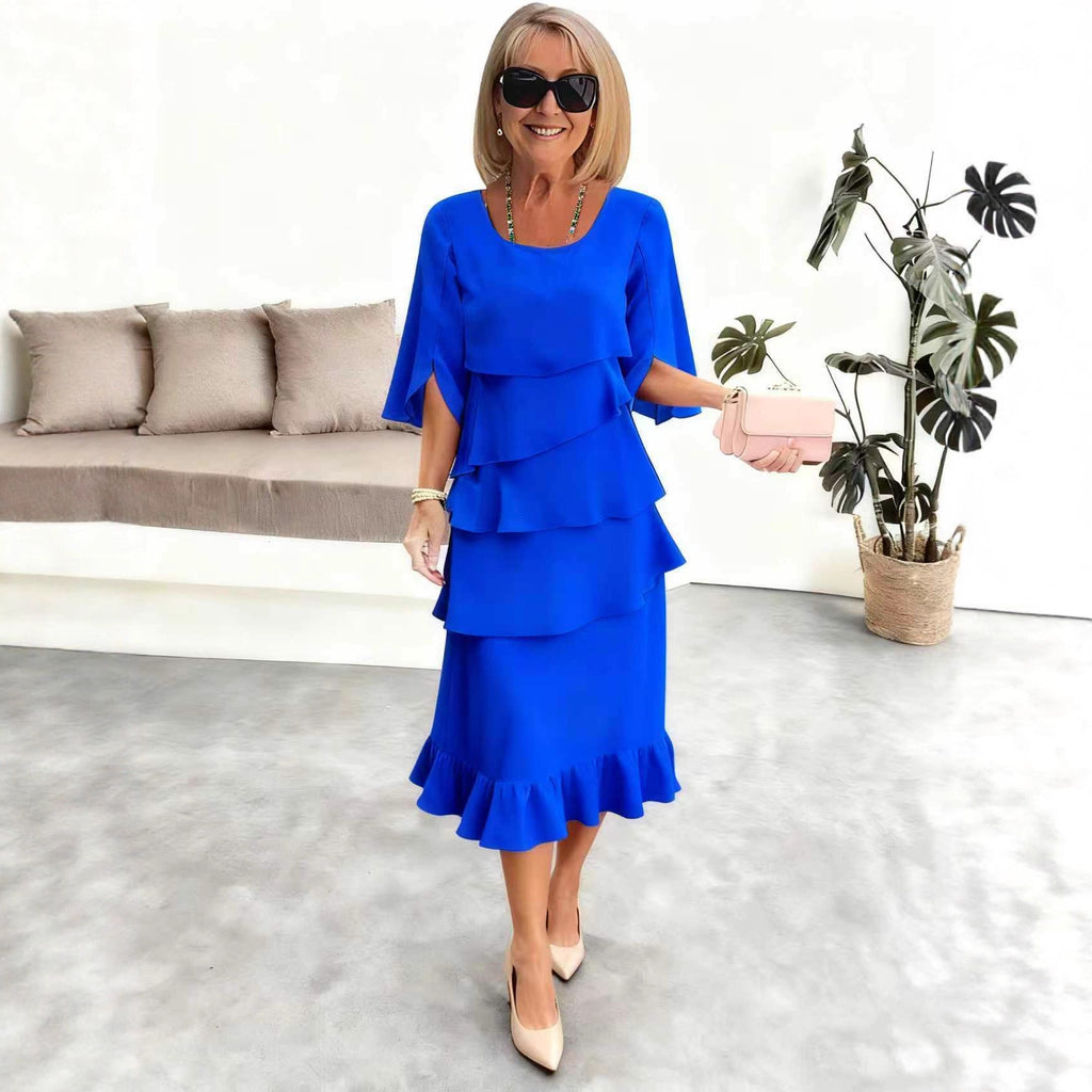 2025 New Amazon Foreign Trade Spring and Summer Fashion Cake Dress Women's Elegant Loose Slimming Round Neck Dress Women
