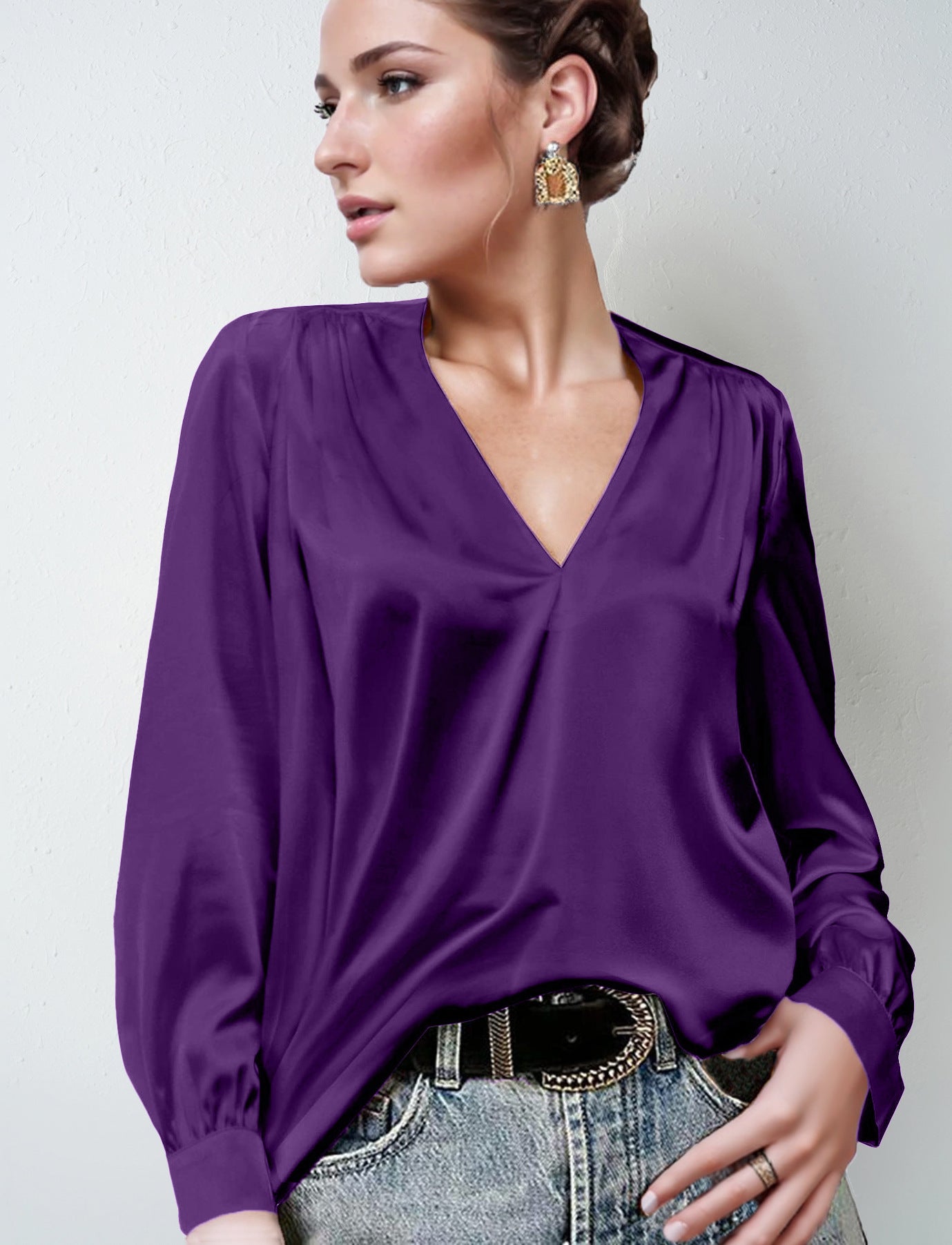 2026 Amazon Hot-Selling Women's Clothing Satin Pleated Long-Sleeve Top V-Neck Casual Loose Satin Commuter Shirt