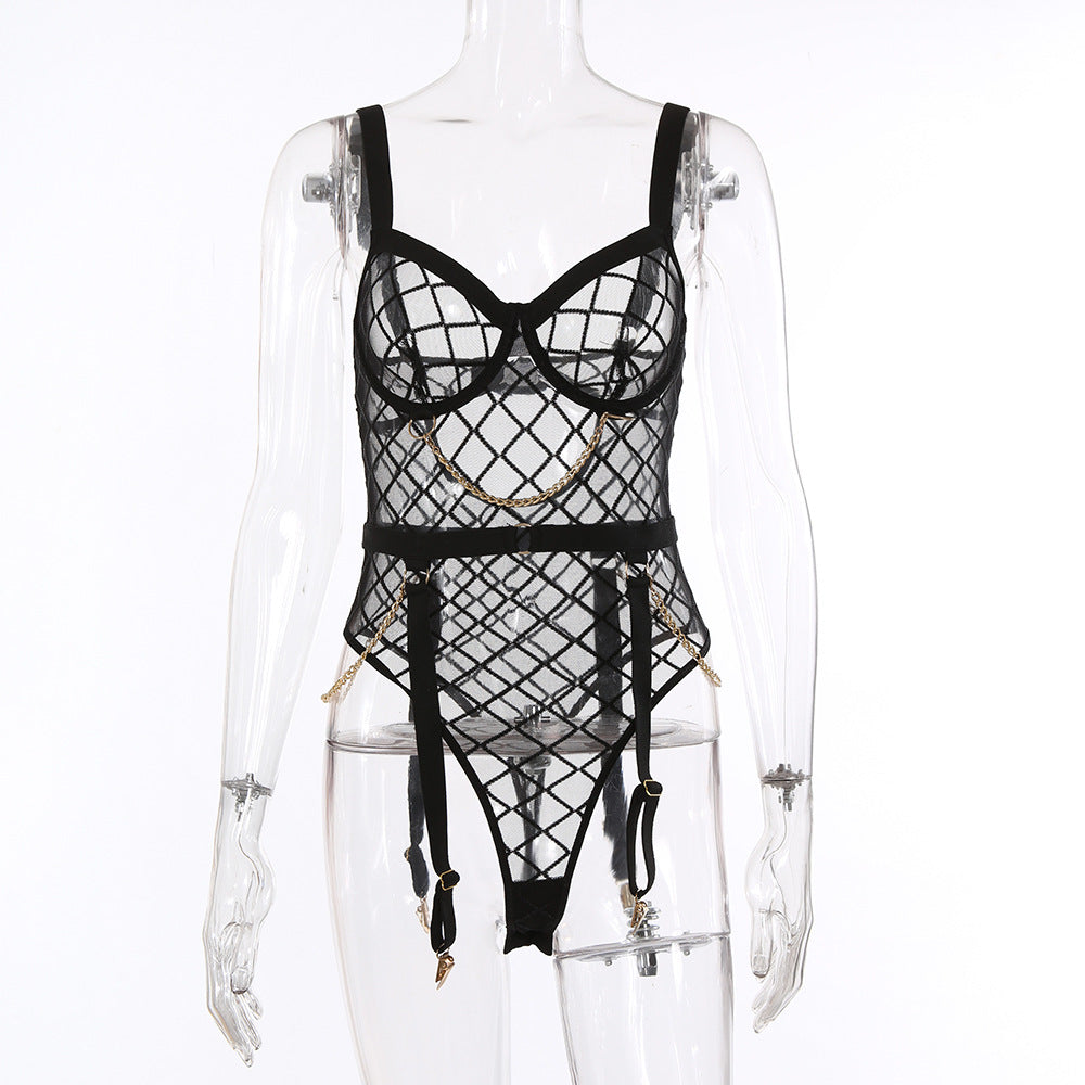Pink Embroidery Floral Backless Sexy Mesh Sheer See Through One-piece Rompers Women Sexy Lingerie Slim Bodysuit Female Clubwear