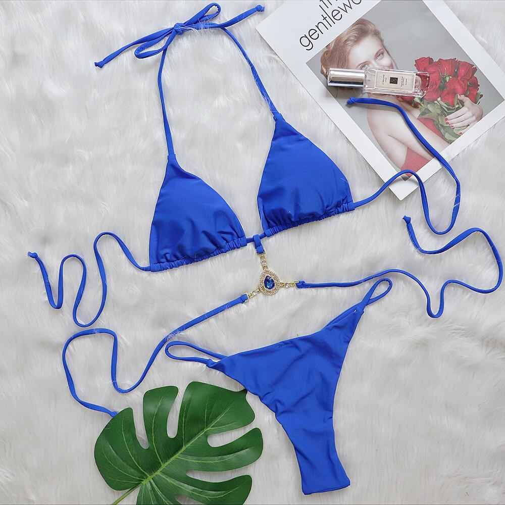 Extreme Mini Micro String Diamond Bikini Women Thong Swimwear Female Swimsuit Two Pieces Bikini Set Halter Bathing Suit Swim