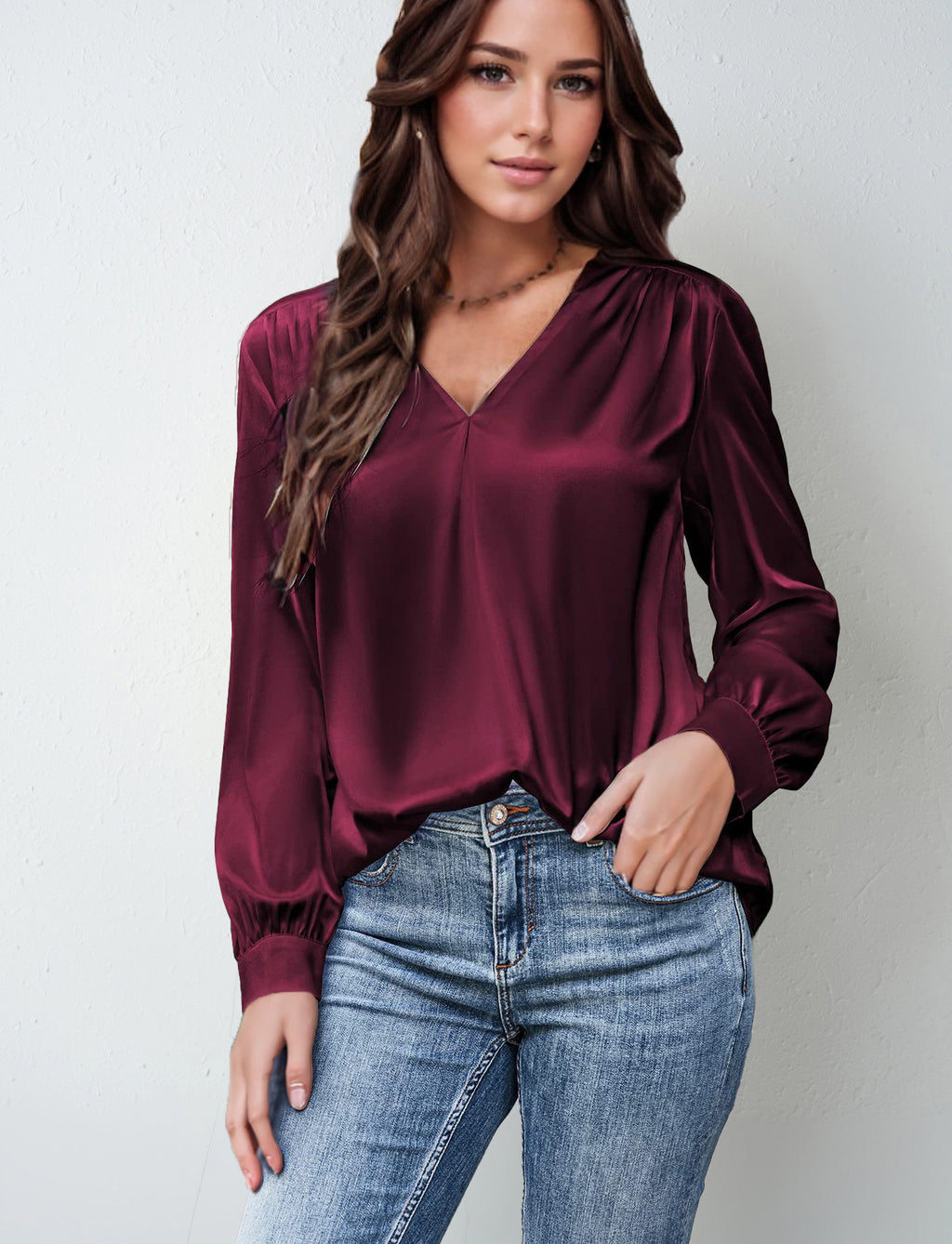 2026 Amazon Hot-Selling Women's Clothing Satin Pleated Long-Sleeve Top V-Neck Casual Loose Satin Commuter Shirt