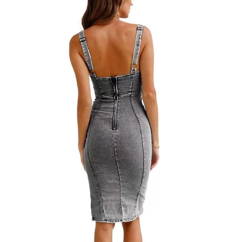 New European and American Cross-Border Amazon U-Neck Distressed Casual Style Suspender Dress Denim Dress 6336