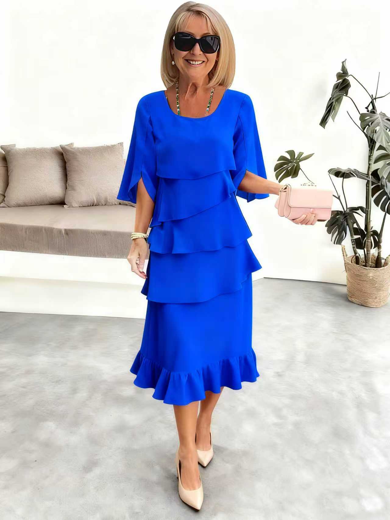 2025 New Amazon Foreign Trade Spring and Summer Fashion Cake Dress Women's Elegant Loose Slimming Round Neck Dress Women