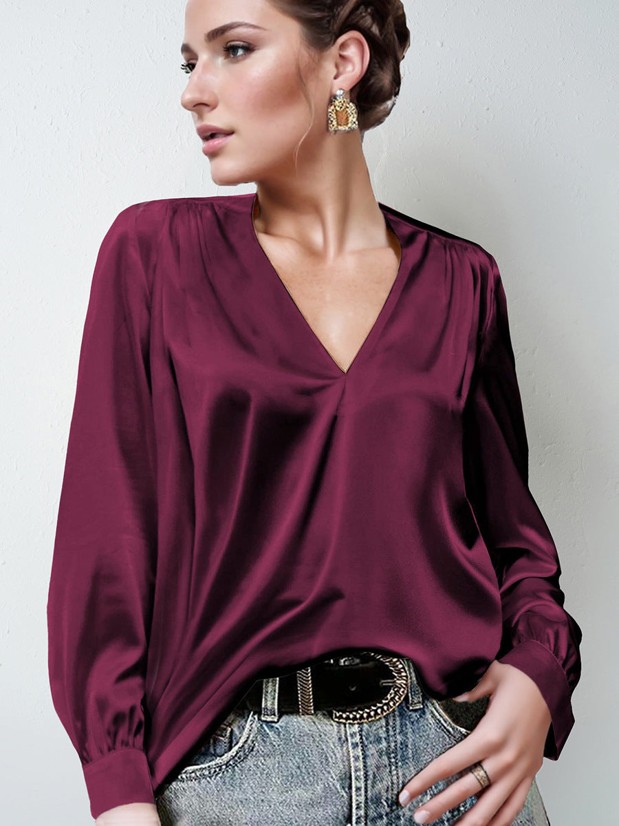 2026 Amazon Hot-Selling Women's Clothing Satin Pleated Long-Sleeve Top V-Neck Casual Loose Satin Commuter Shirt