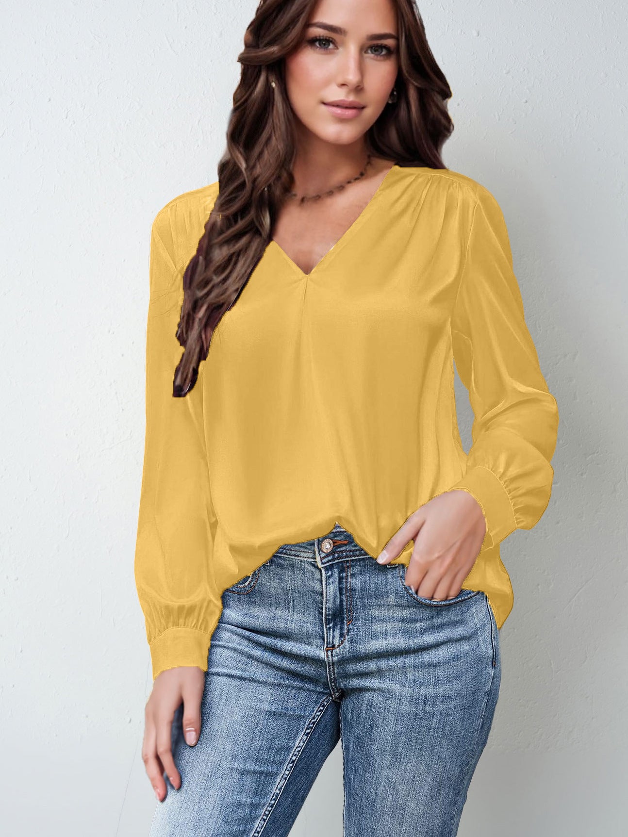 2026 Amazon Hot-Selling Women's Clothing Satin Pleated Long-Sleeve Top V-Neck Casual Loose Satin Commuter Shirt