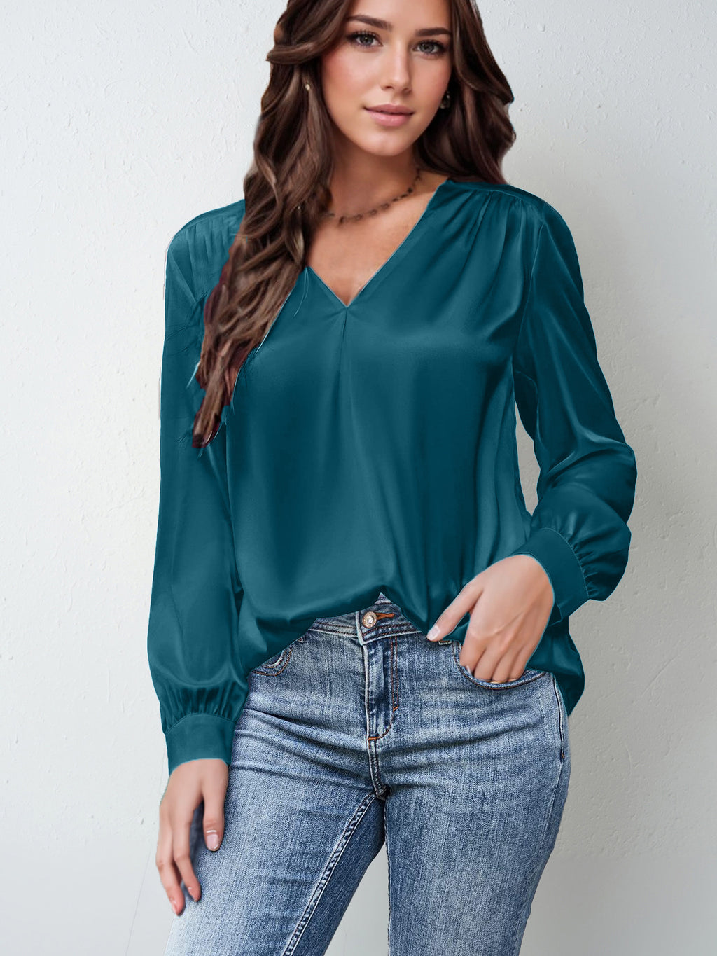 2026 Amazon Hot-Selling Women's Clothing Satin Pleated Long-Sleeve Top V-Neck Casual Loose Satin Commuter Shirt