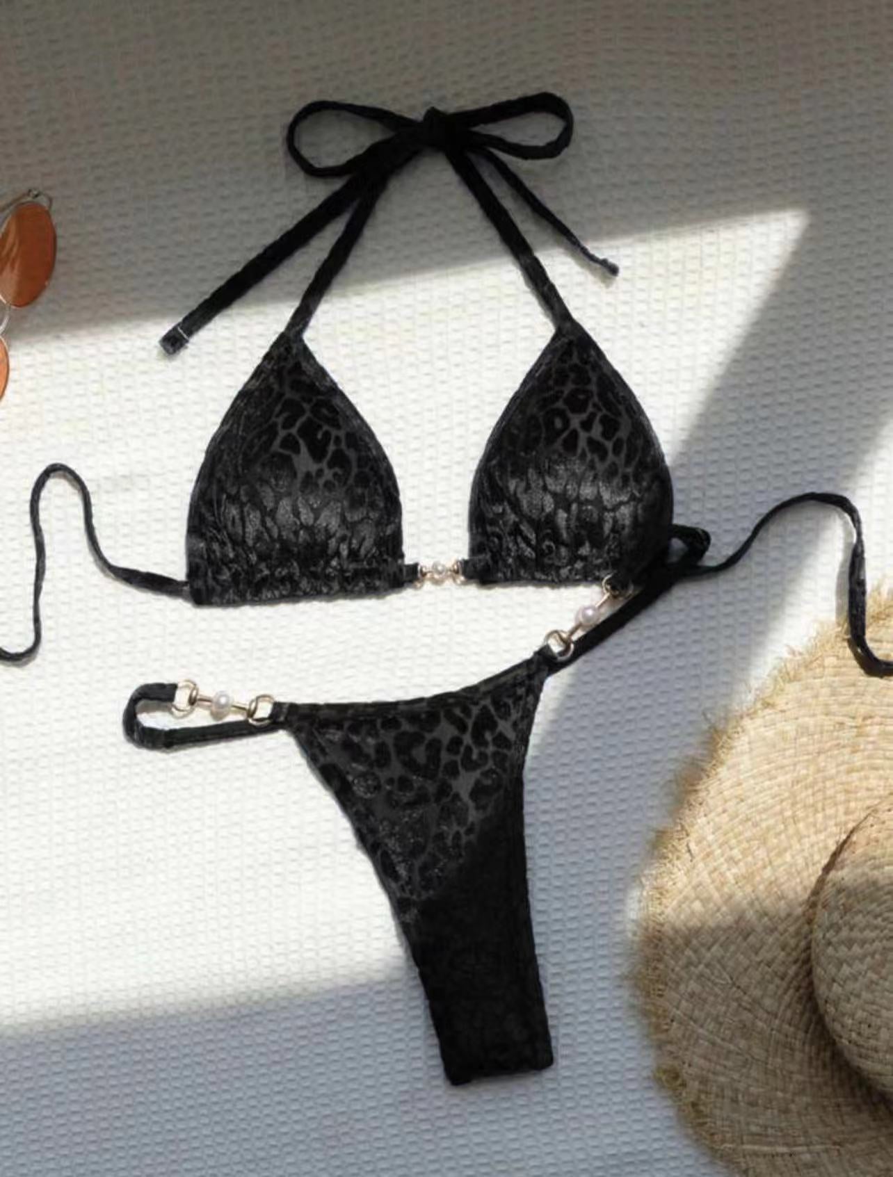 2025 European and American New Sexy T-Shaped Pearl Leopard Print Special Fabric Swimsuit Bikini Bikini Cross-Border